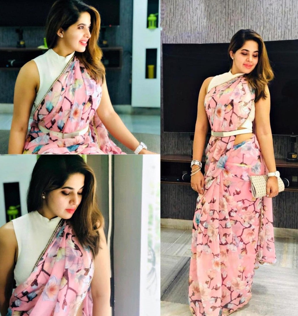 Baby pink soft chiffon flower printed saree