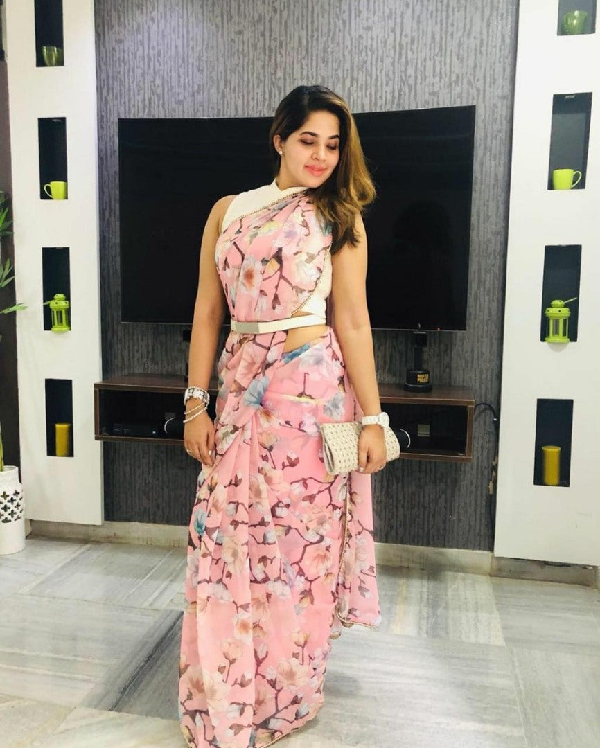 Baby pink soft chiffon flower printed saree