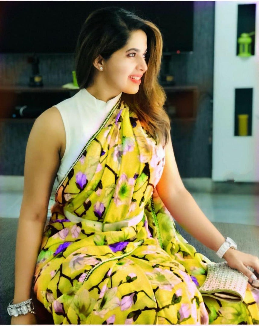 Baby pink soft chiffon flower printed saree