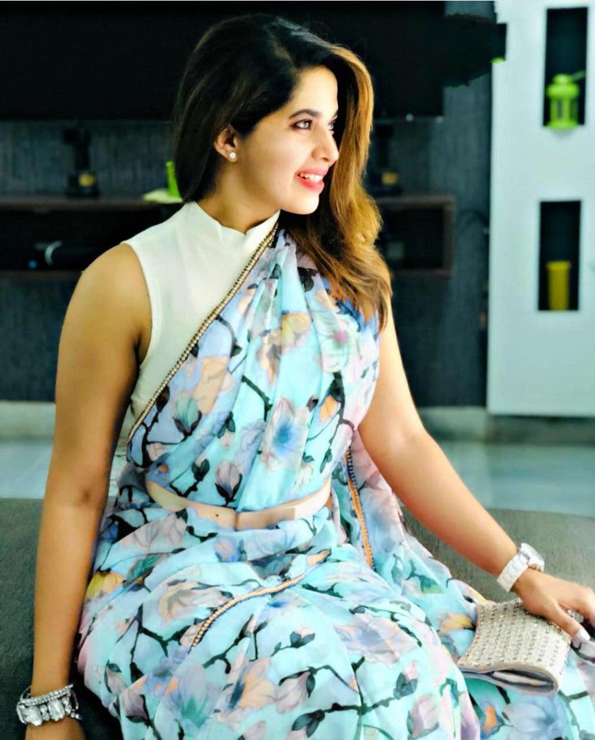 Baby pink soft chiffon flower printed saree