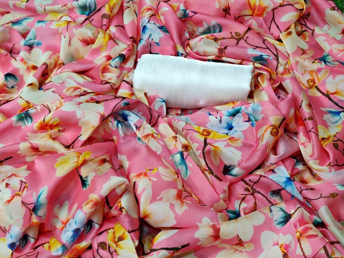 Baby pink soft chiffon flower printed saree