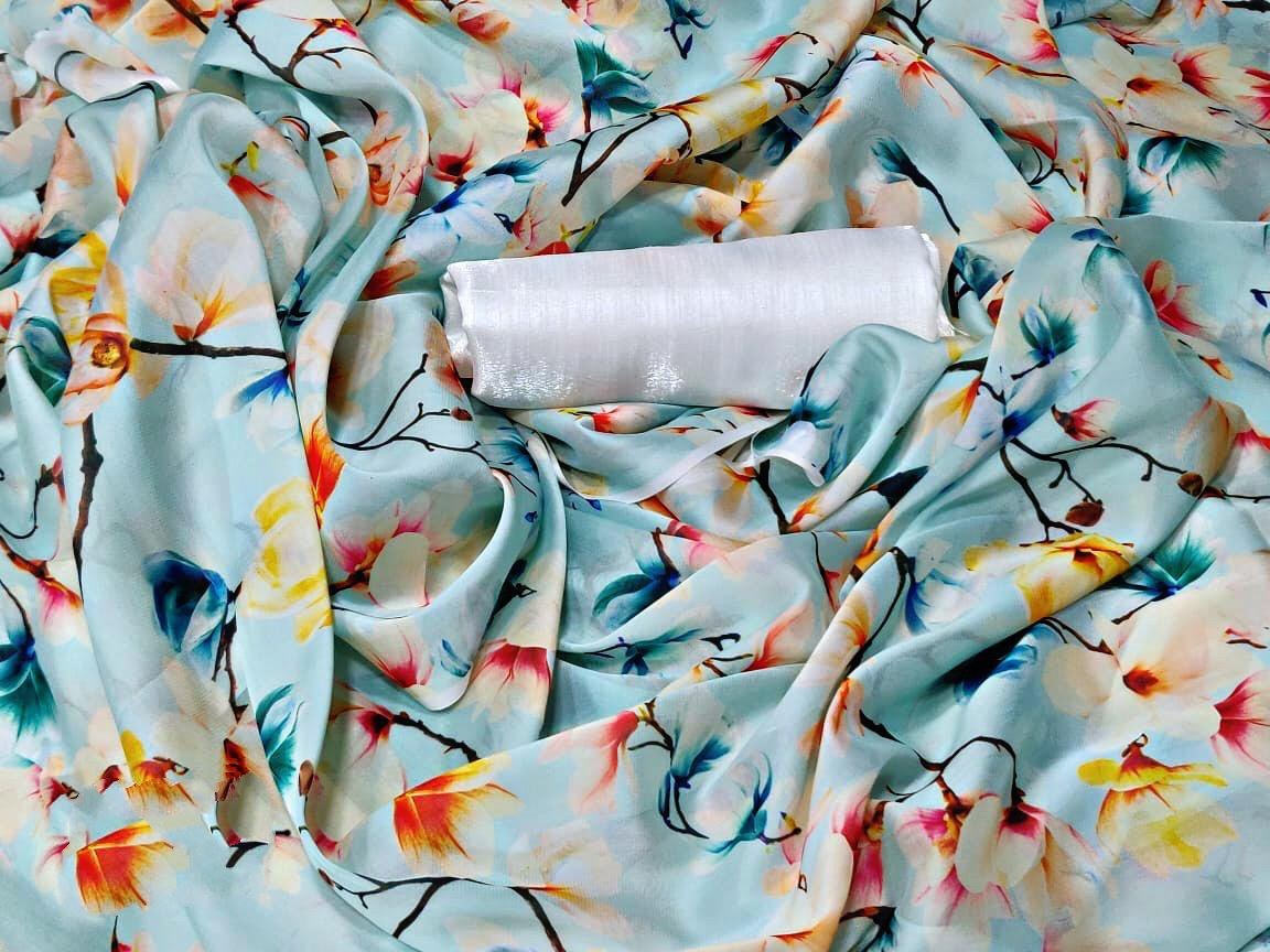 Baby pink soft chiffon flower printed saree