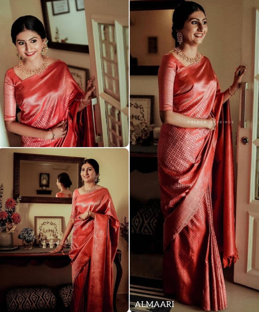 Baby pink soft lichi silk golden zari jacquard weaving work saree