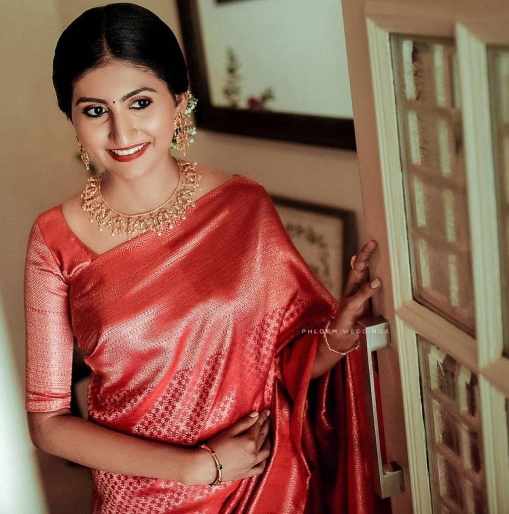 Baby pink soft lichi silk golden zari jacquard weaving work saree