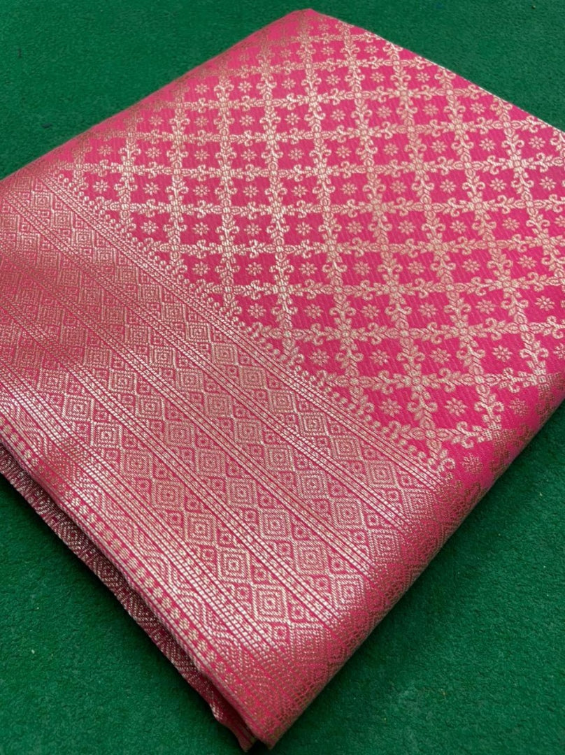 Baby pink soft lichi silk golden zari jacquard weaving work saree