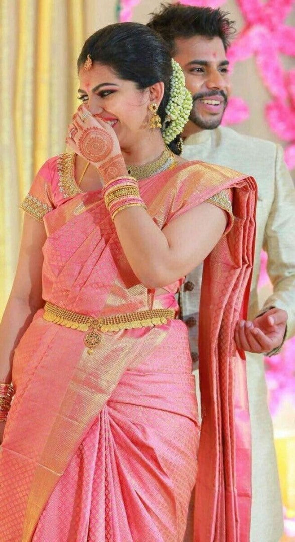 Baby pink soft lichi silk jacquard weaving work saree