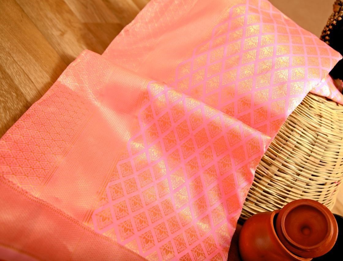 Baby pink soft lichi silk jacquard weaving work saree