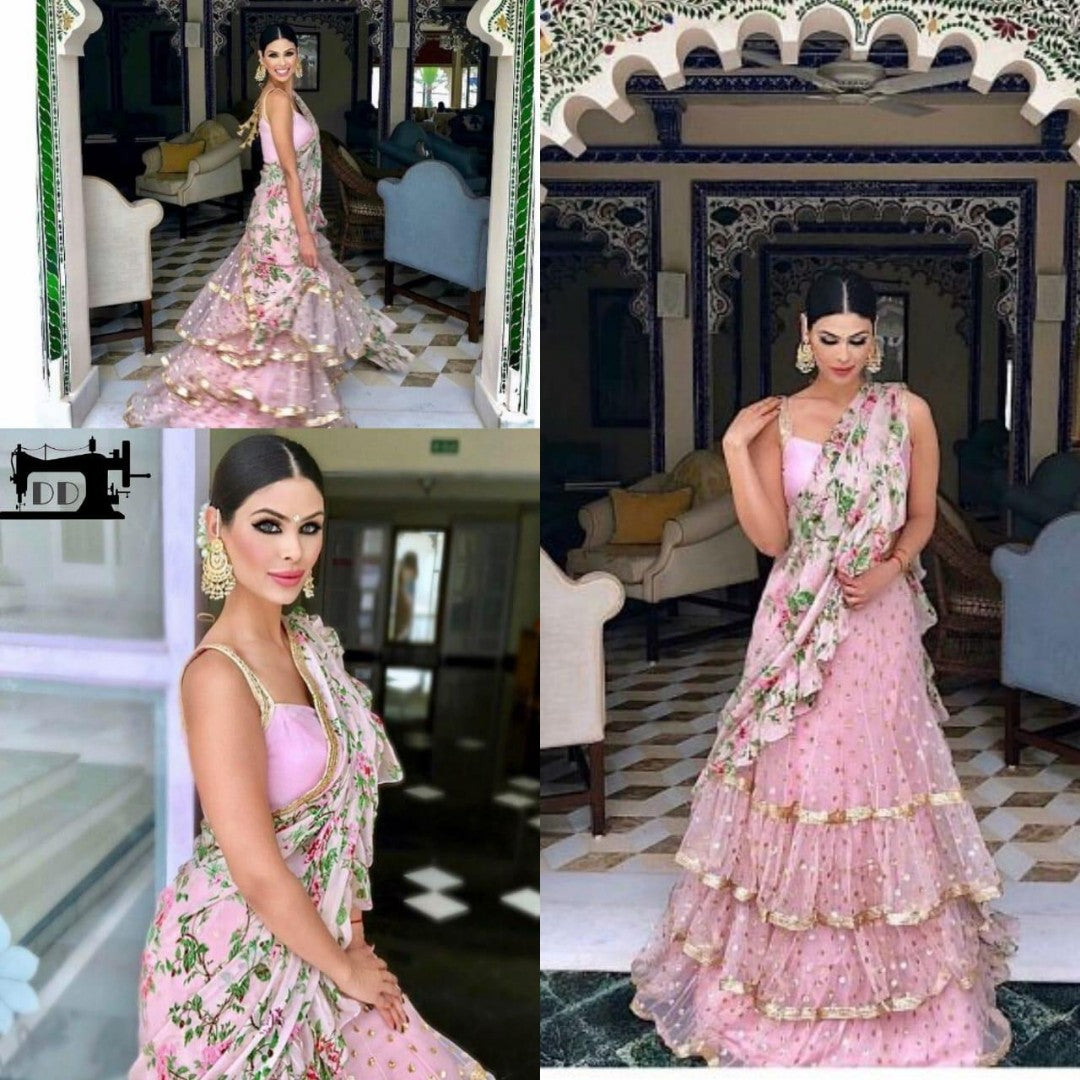 baby pink soft net ceremonial lehengha choli with printed dupatta