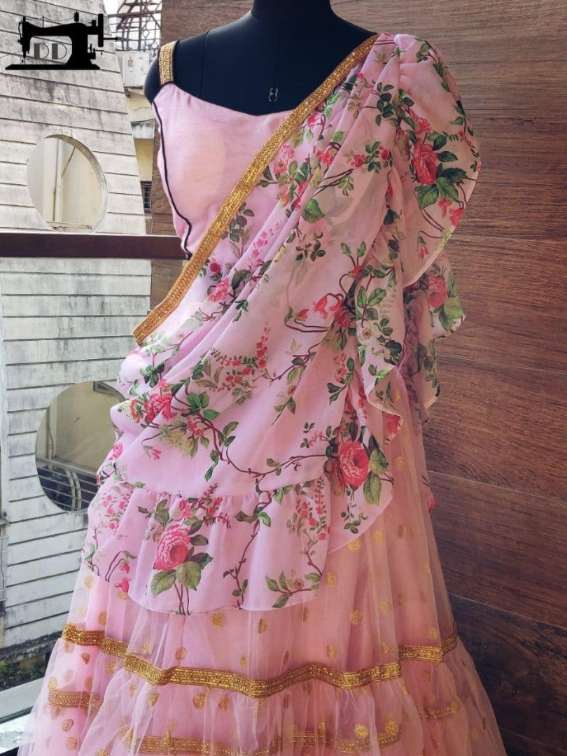 baby pink soft net ceremonial lehengha choli with printed dupatta