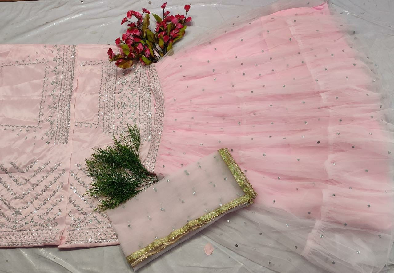 Baby pink soft net sequence embroidered ceremonial lehenga choli