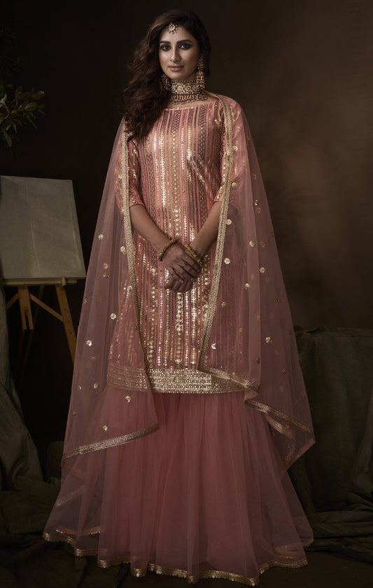 Baby pink soft net sequence thread work sharara salwar suit