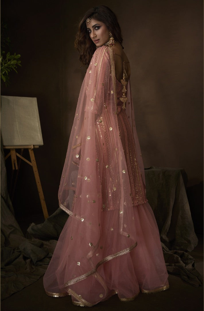 Baby pink soft net sequence thread work sharara salwar suit
