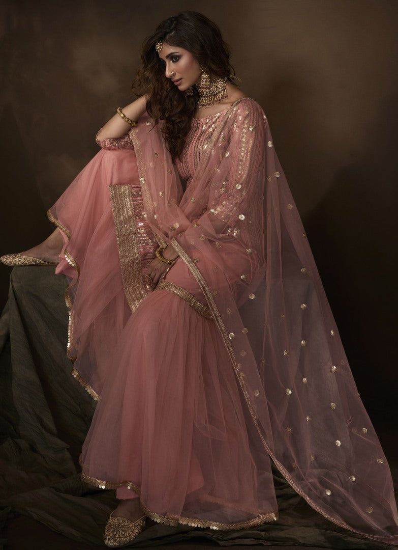 Baby pink soft net sequence thread work sharara salwar suit