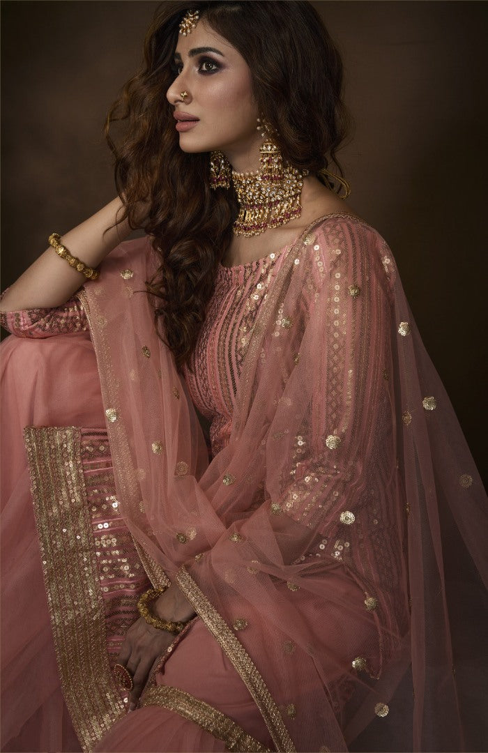 Baby pink soft net sequence thread work sharara salwar suit