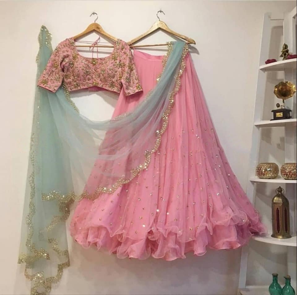 Baby pink soft net sequin embroidery work lehenga choli