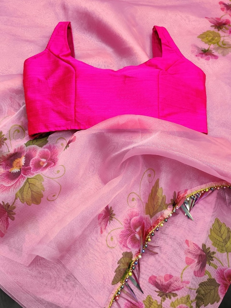 Baby pink soft organza fancy jhalar and printed work saree