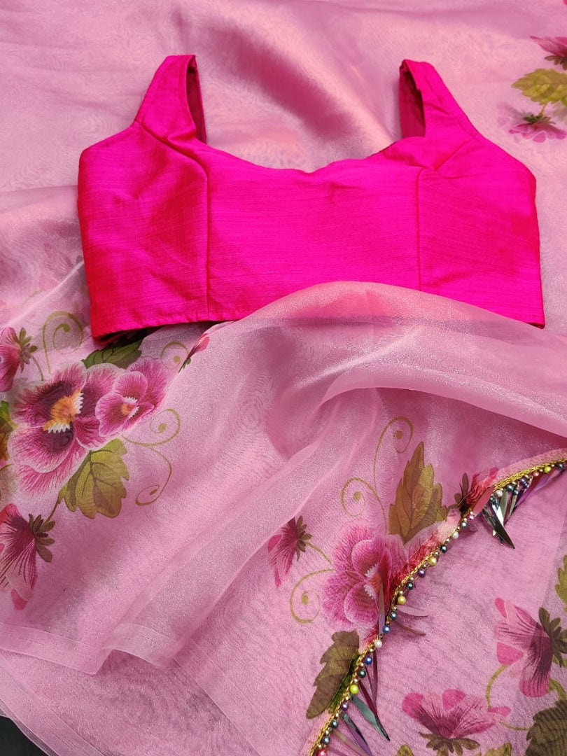 Baby pink soft organza fancy jhalar and printed work saree