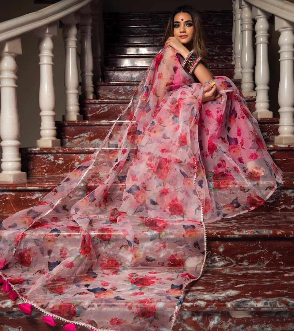 Baby pink soft organza silk floral printed work saree