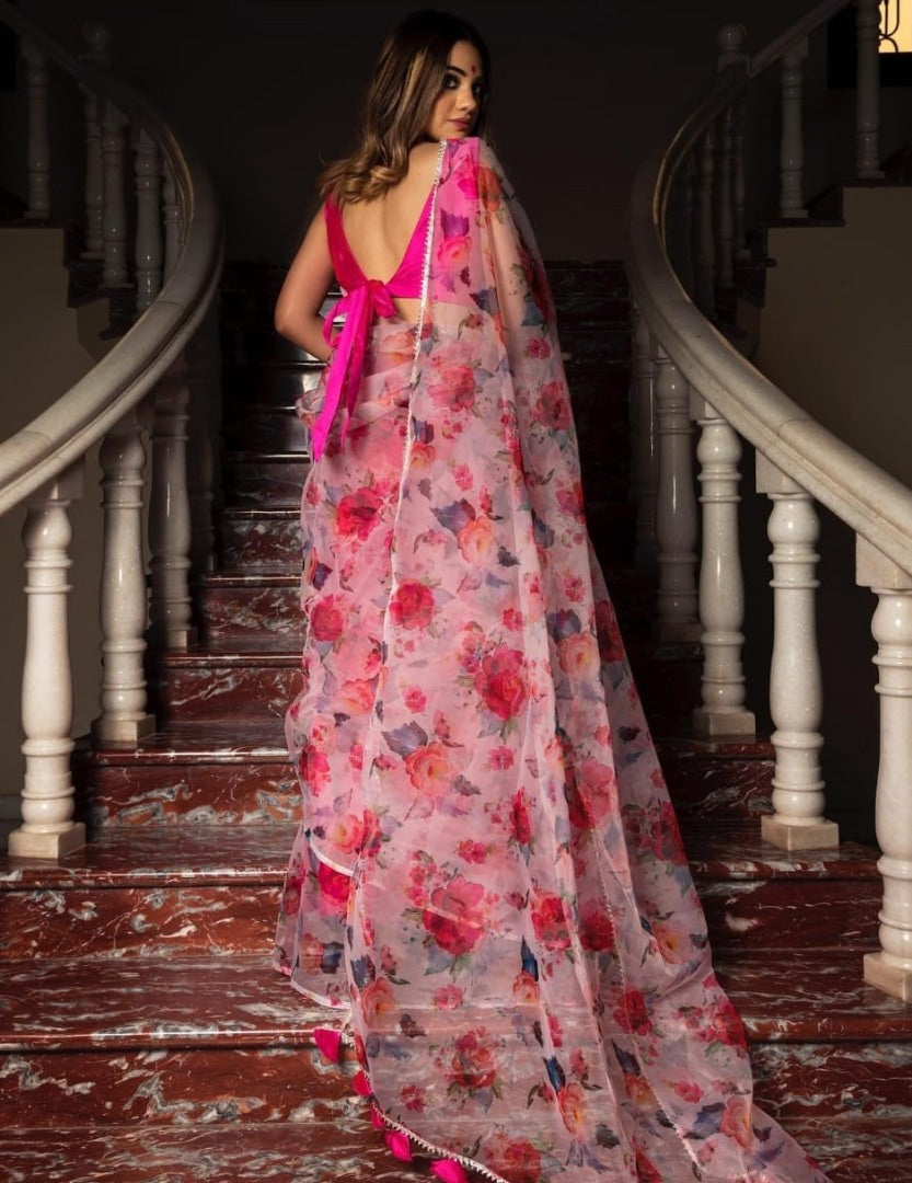 Baby pink soft organza silk floral printed work saree