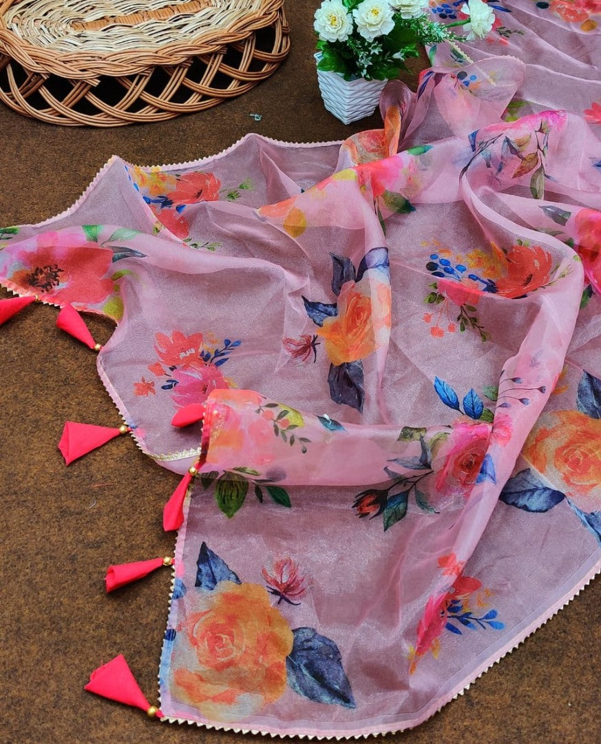 Baby pink soft organza silk floral printed work saree