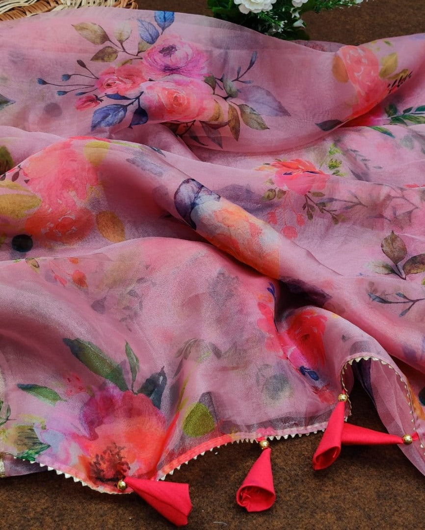 Baby pink soft organza silk floral printed work saree