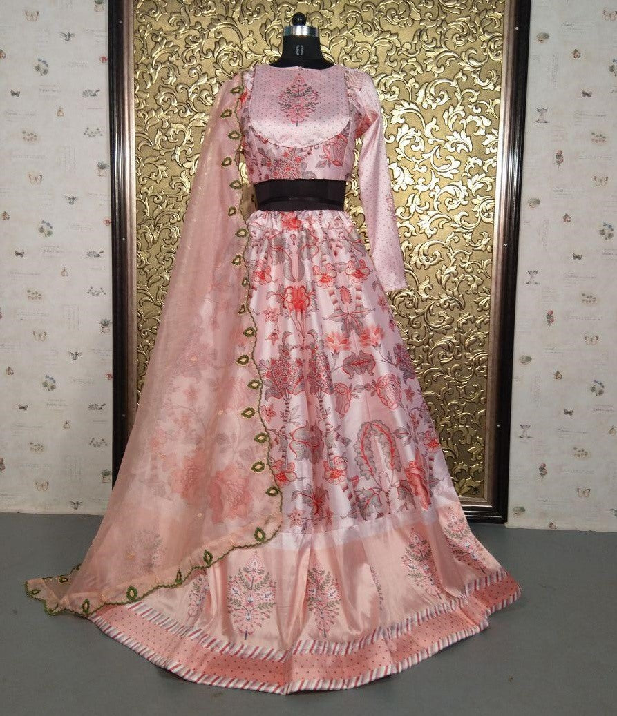 Baby pink taffeta silk digital printed lehenga choli