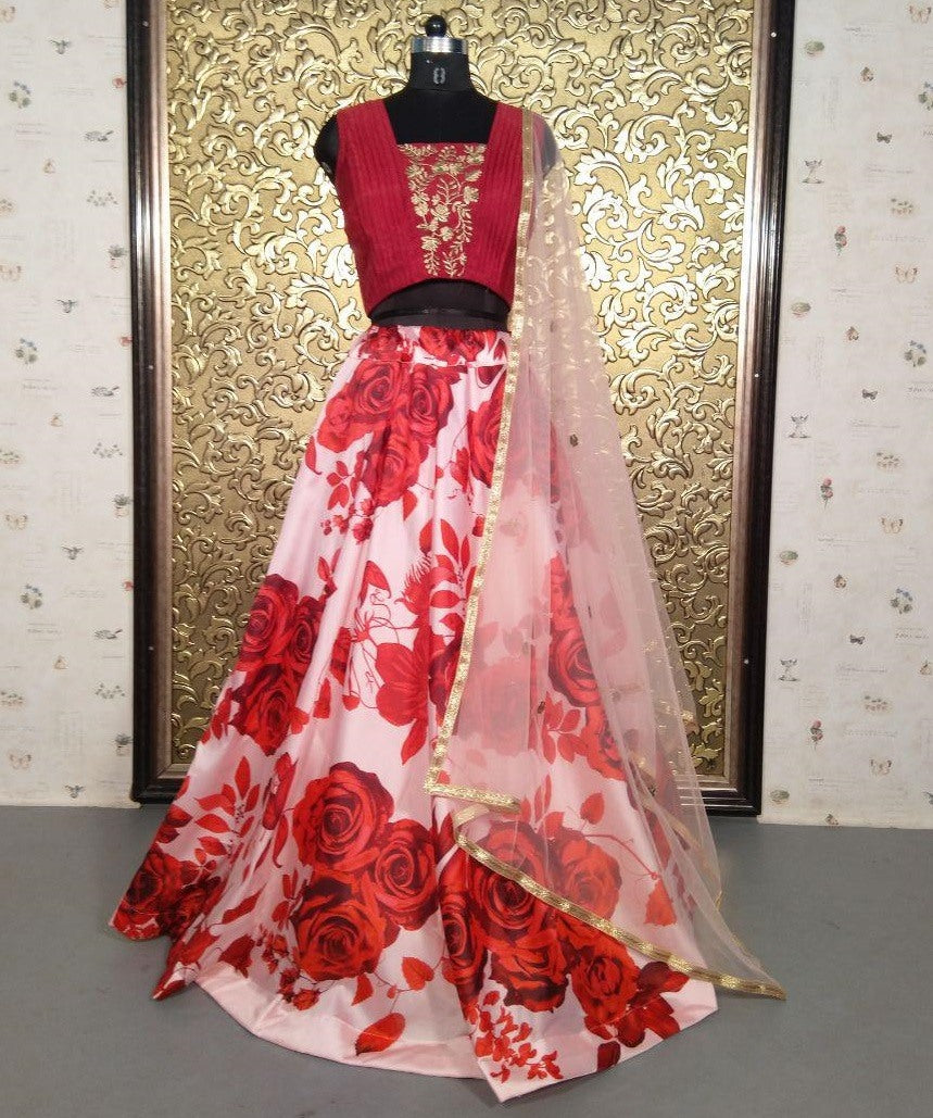 Baby pink taffeta silk red rose printed lehenga choli