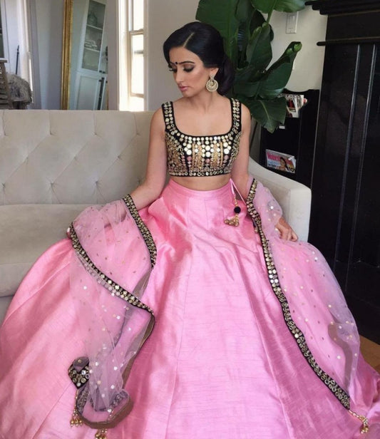 Baby pink tapeta silk ceremonial lehenga with mirror work choli