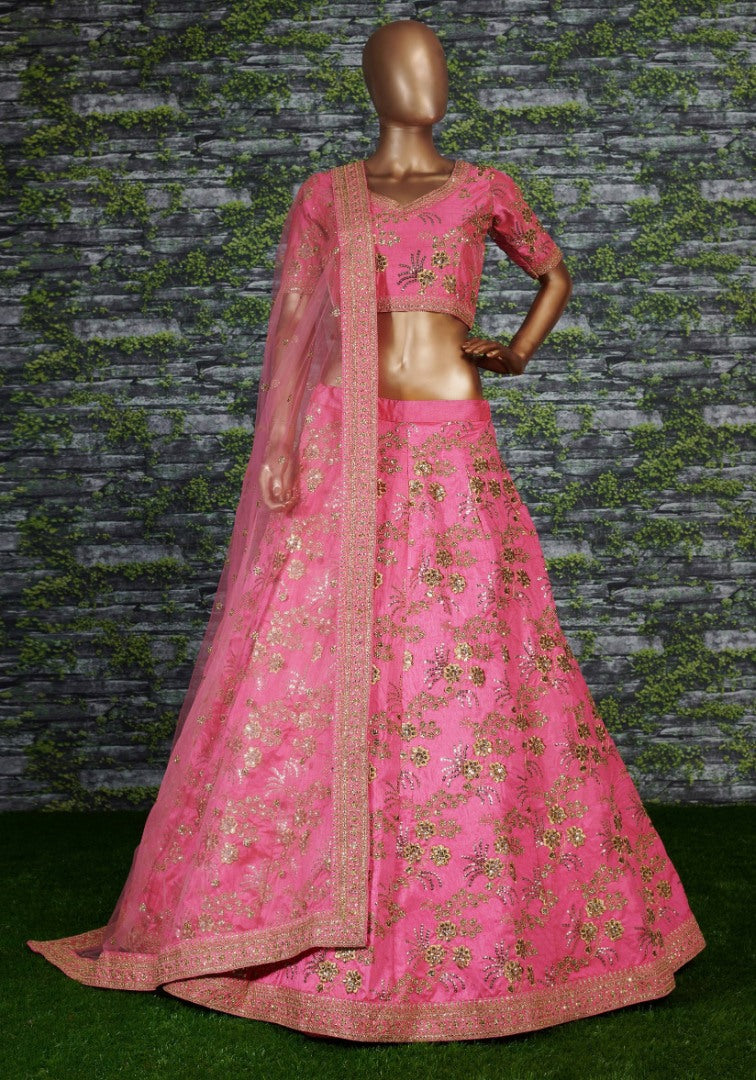 Baby pink thai silk heavy zari and sequence worked designer bridal lehenga choli