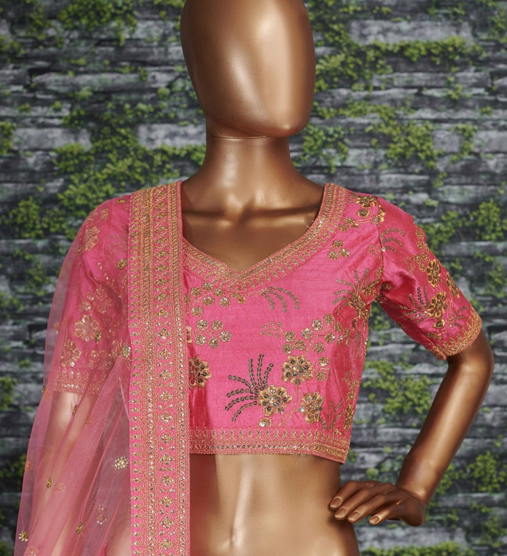 Baby pink thai silk heavy zari and sequence worked designer bridal lehenga choli