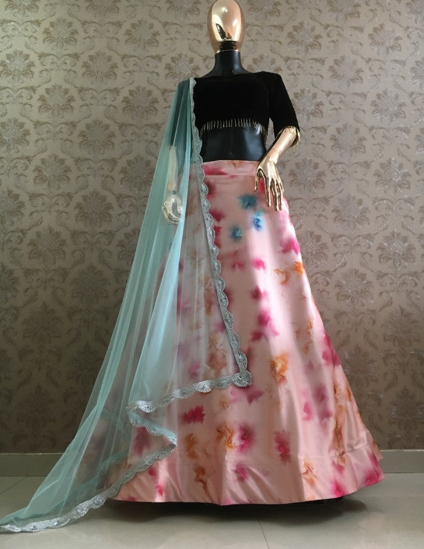 baby pink zari satin shibori printed lehenga choli