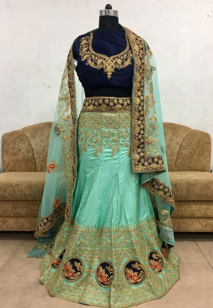 Baby rama paper silk designer heavy embroidered bridal lehenga