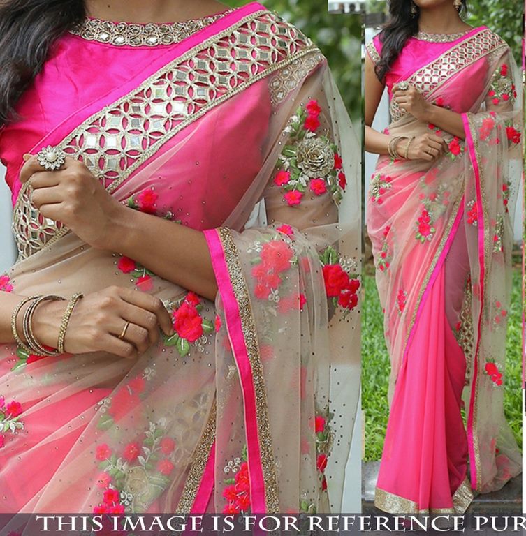 Beautiful cream and pink embroidered saree