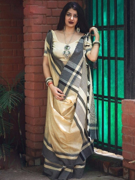 Beautiful cream slub cotton silk casual saree