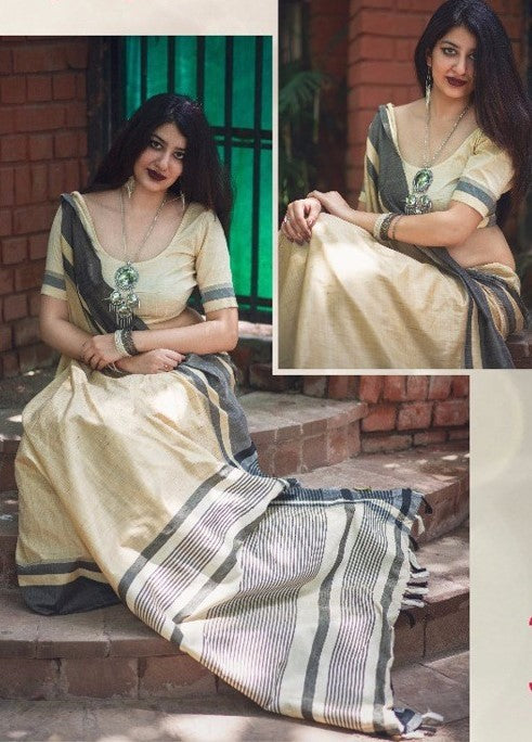 Beautiful cream slub cotton silk casual saree