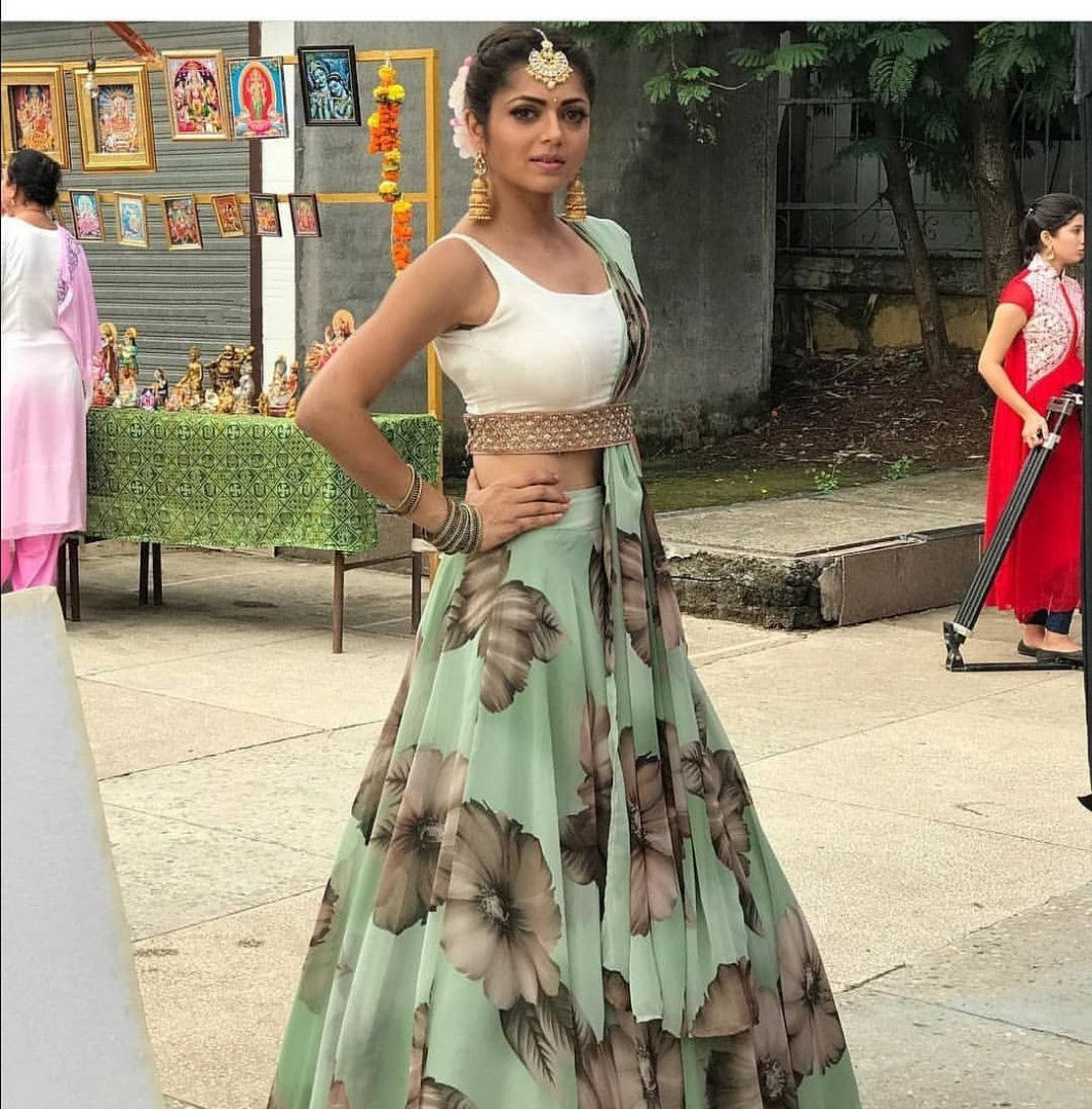 Beautiful crep silk digital printed pista green lehenga