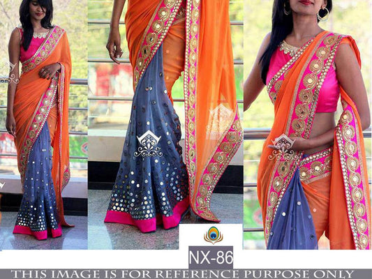Beautiful embroidered orange and blue wedding saree
