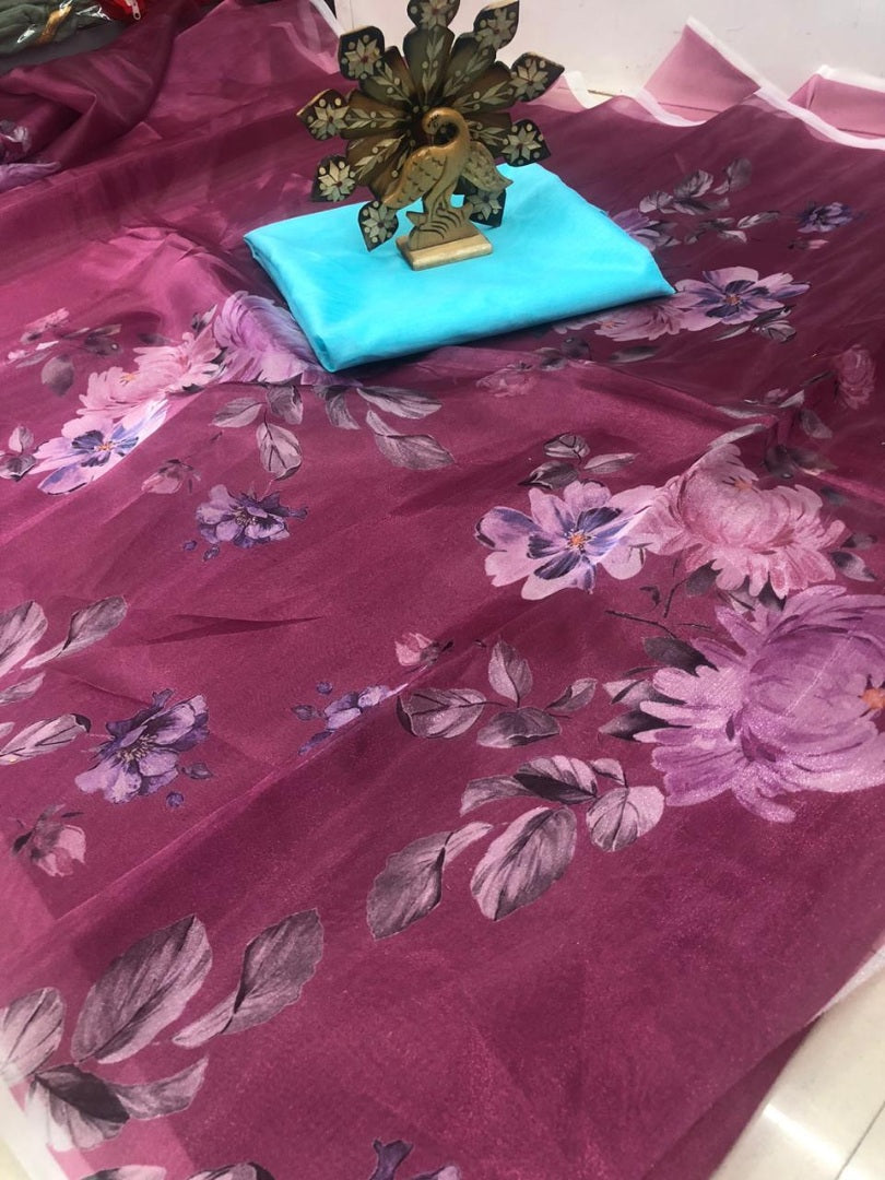 Beautiful floral digital printed organza saree