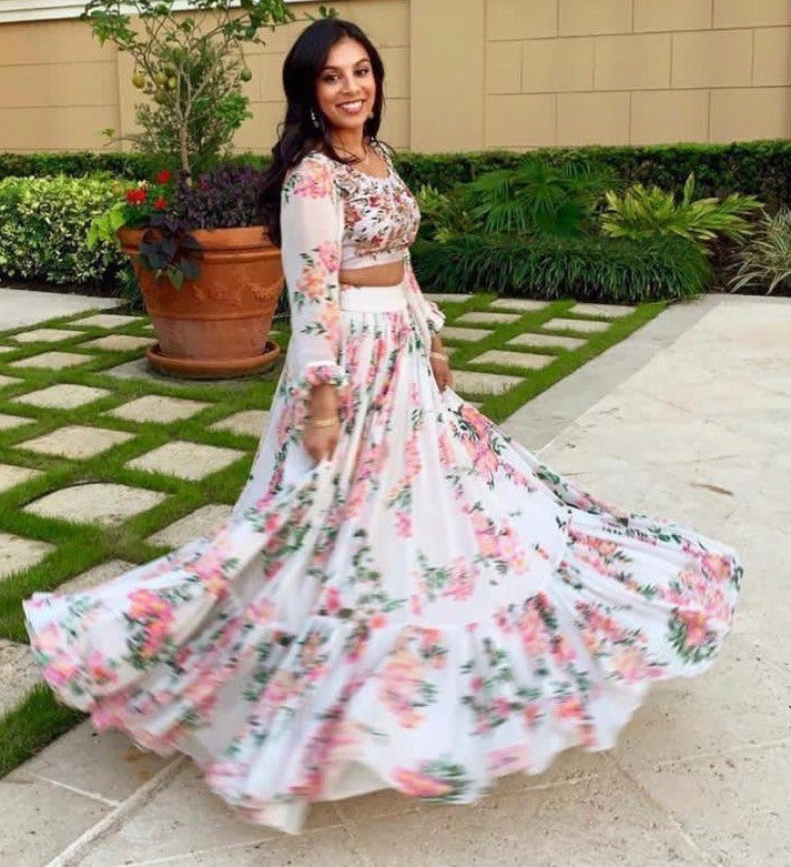 Beautiful floral printed georgette ceremonial lehenga with shrug