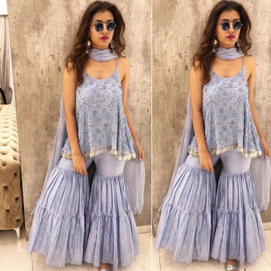 Beautiful lovender grey georgette embroidered sharara salwar suit