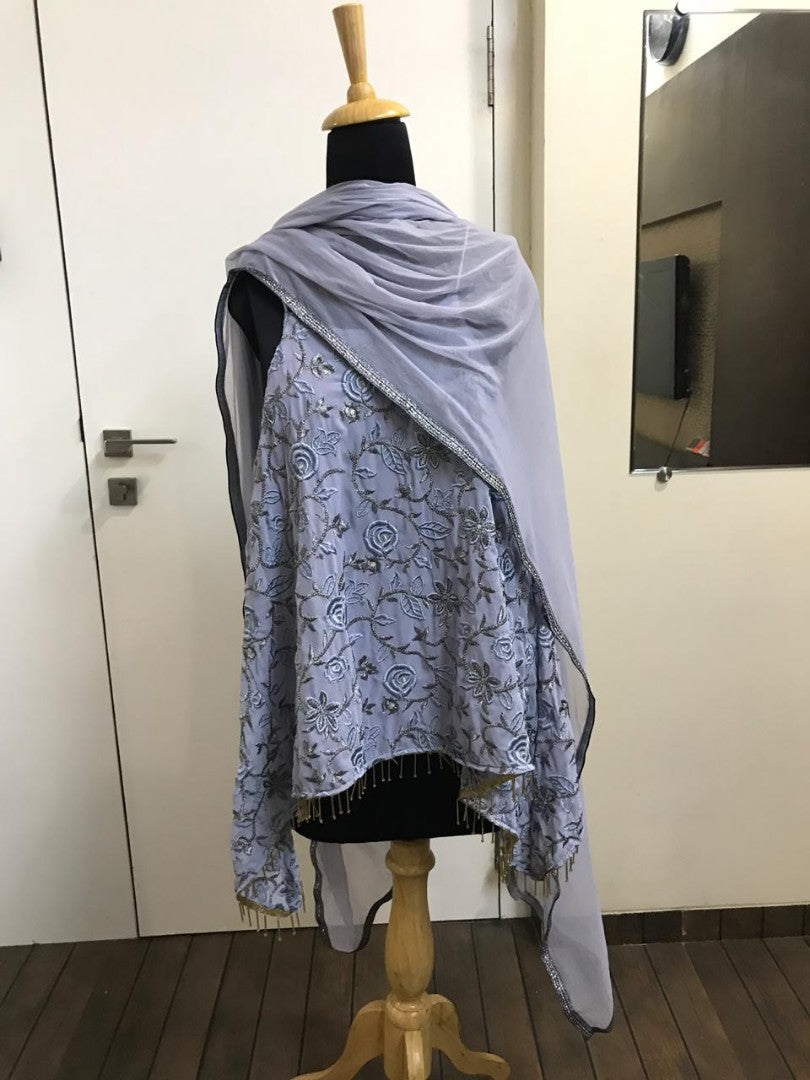 Beautiful lovender grey georgette embroidered sharara salwar suit
