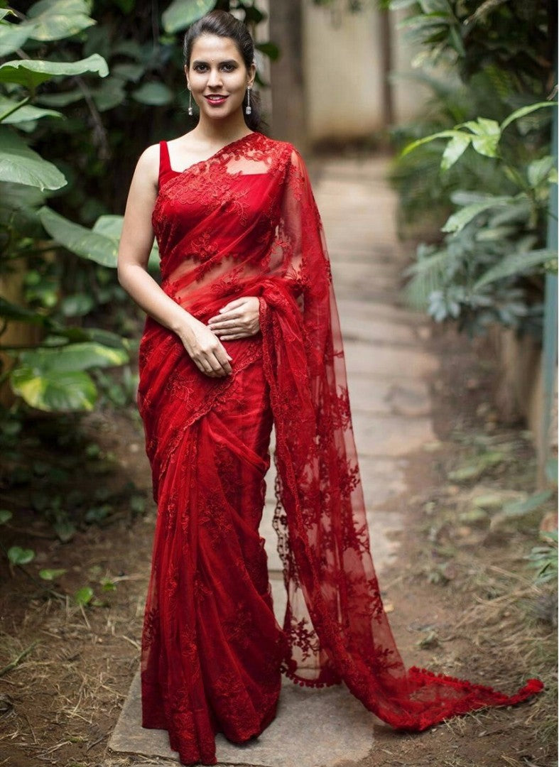 Beautiful mono net embroidered partywear saree