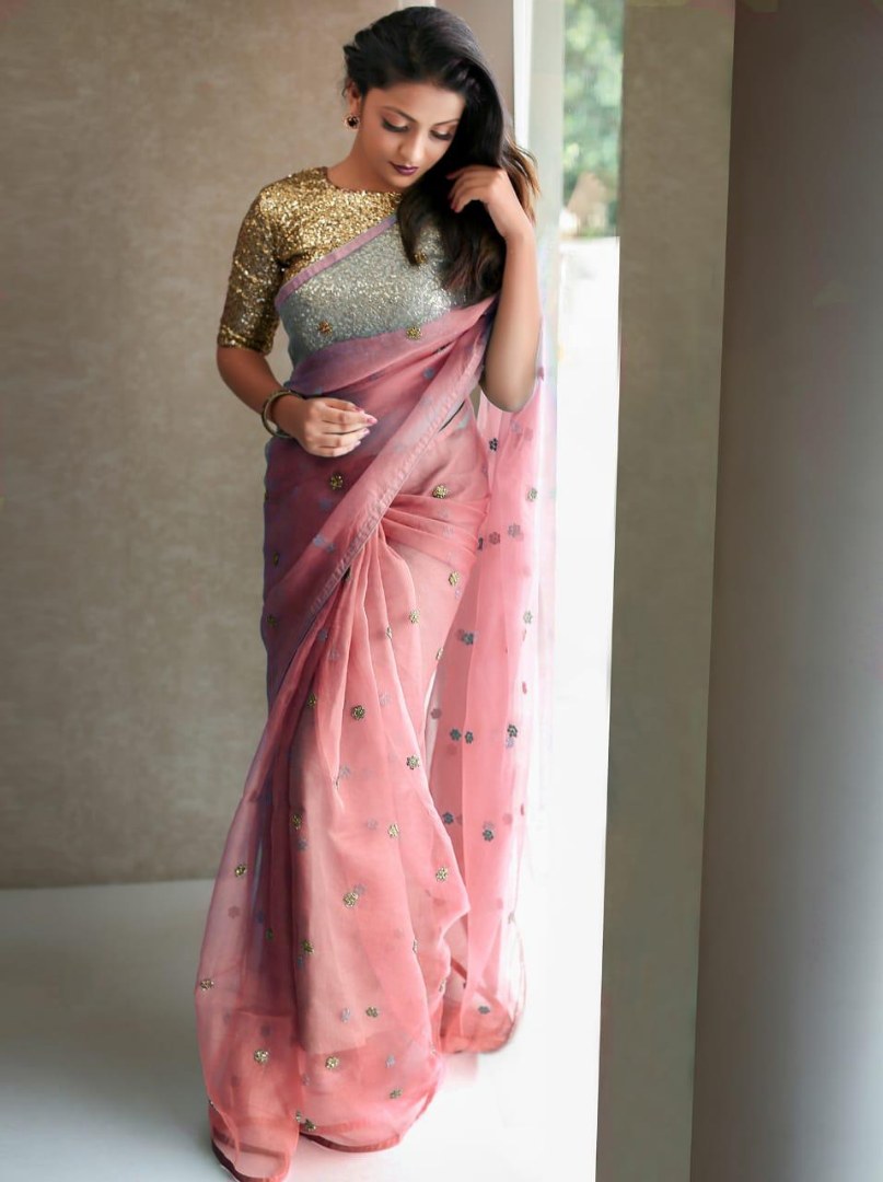 Beautiful organza net partywear saree with sequence work blouse
