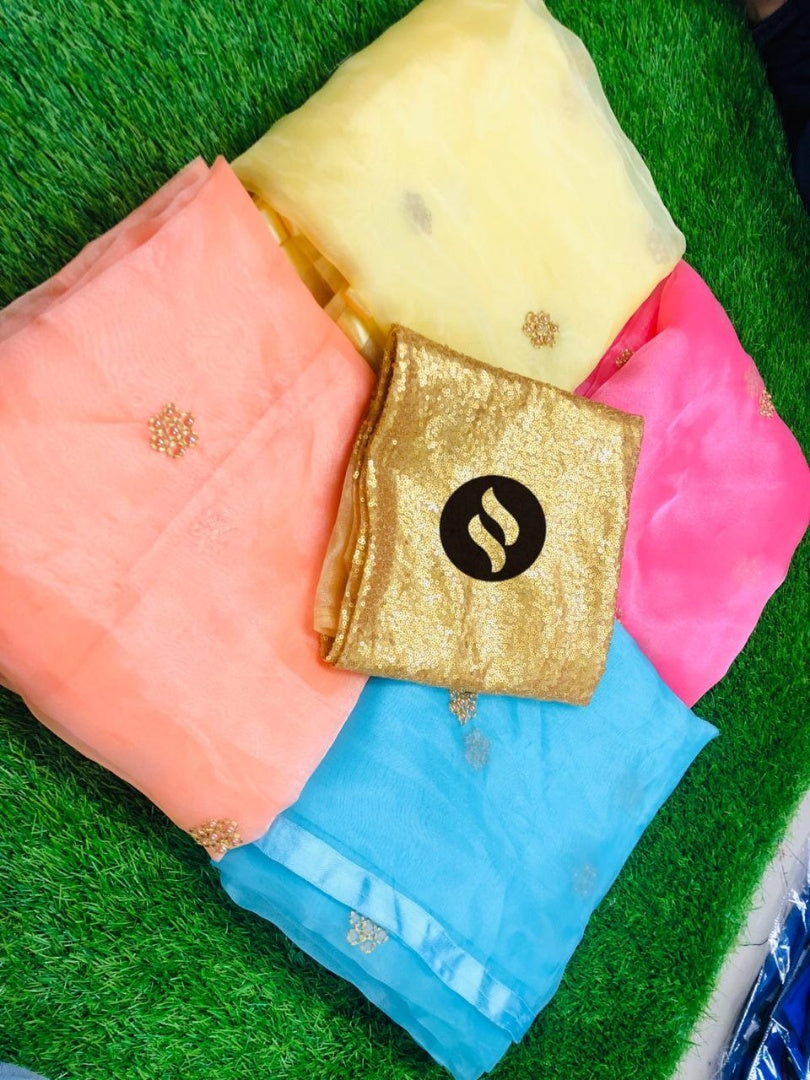 Beautiful organza net partywear saree with sequence work blouse