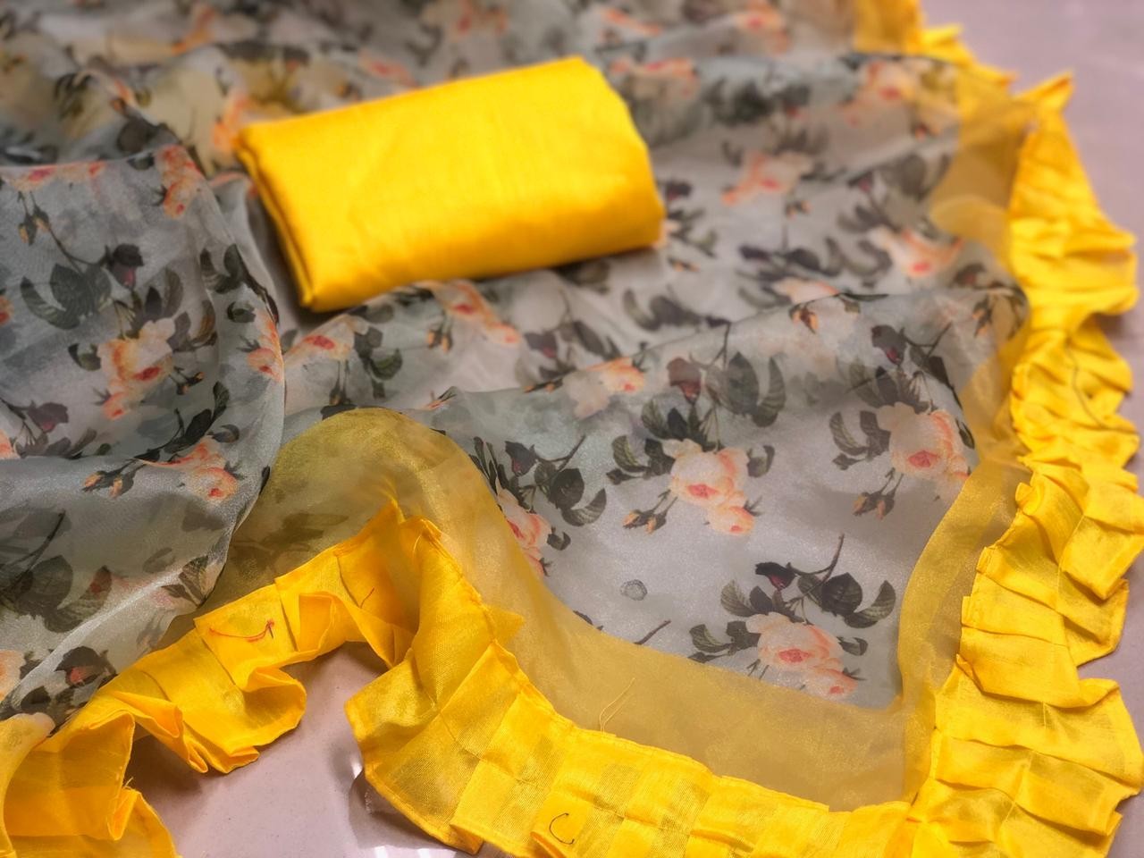 beautiful orgenza digital printed saree with ruffel border