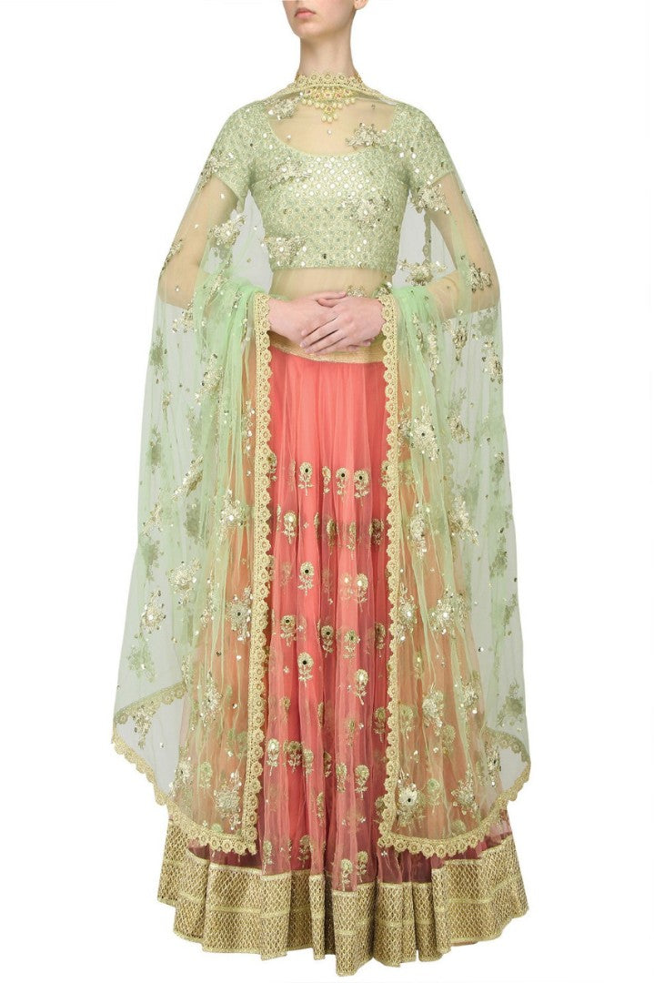 Beautiful peach mint mirror work wedding lehenga