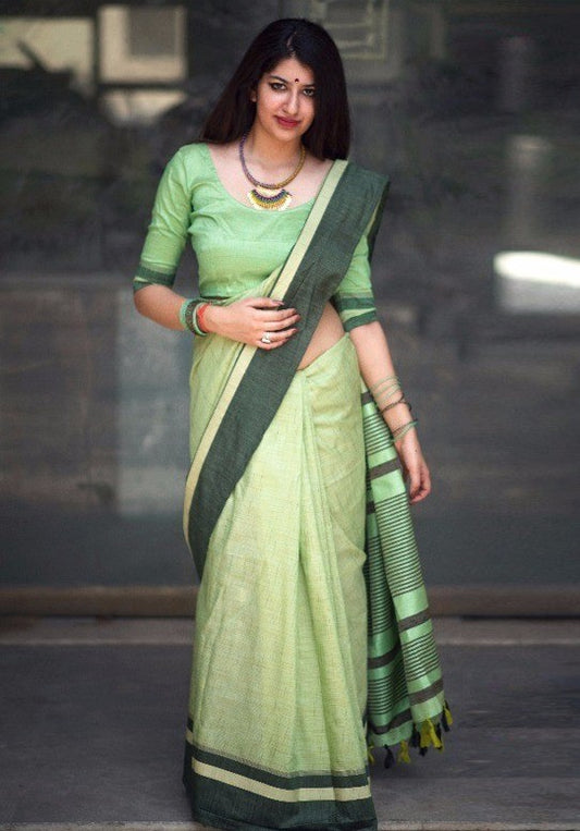Beautiful pista green slub cotton silk casual saree