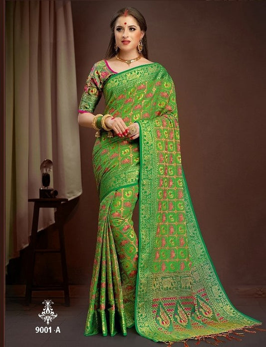 Beautiful polly cotton patola silk green saree