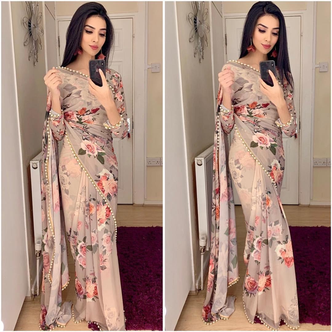 Beautiful pure digital 3d printed georgette designer saree with moti lace