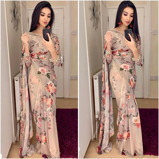 Beautiful pure digital 3d printed georgette designer saree with moti lace
